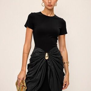 Short Sleeve Ruched Metal Buckle Dress Commense XS